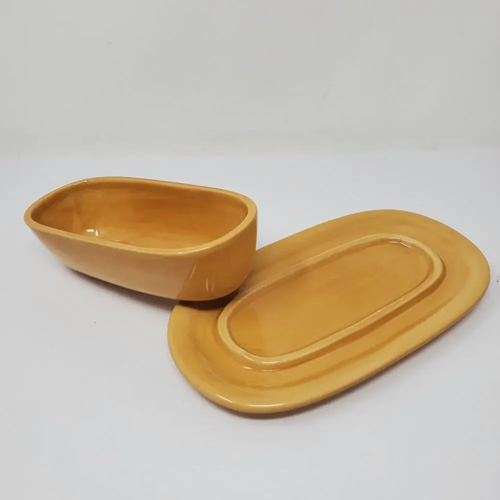 Pottery Barn SAUSALITO AMBER 1/4 Lb Covered Butter Dish Golden Yellow Amber Flaw